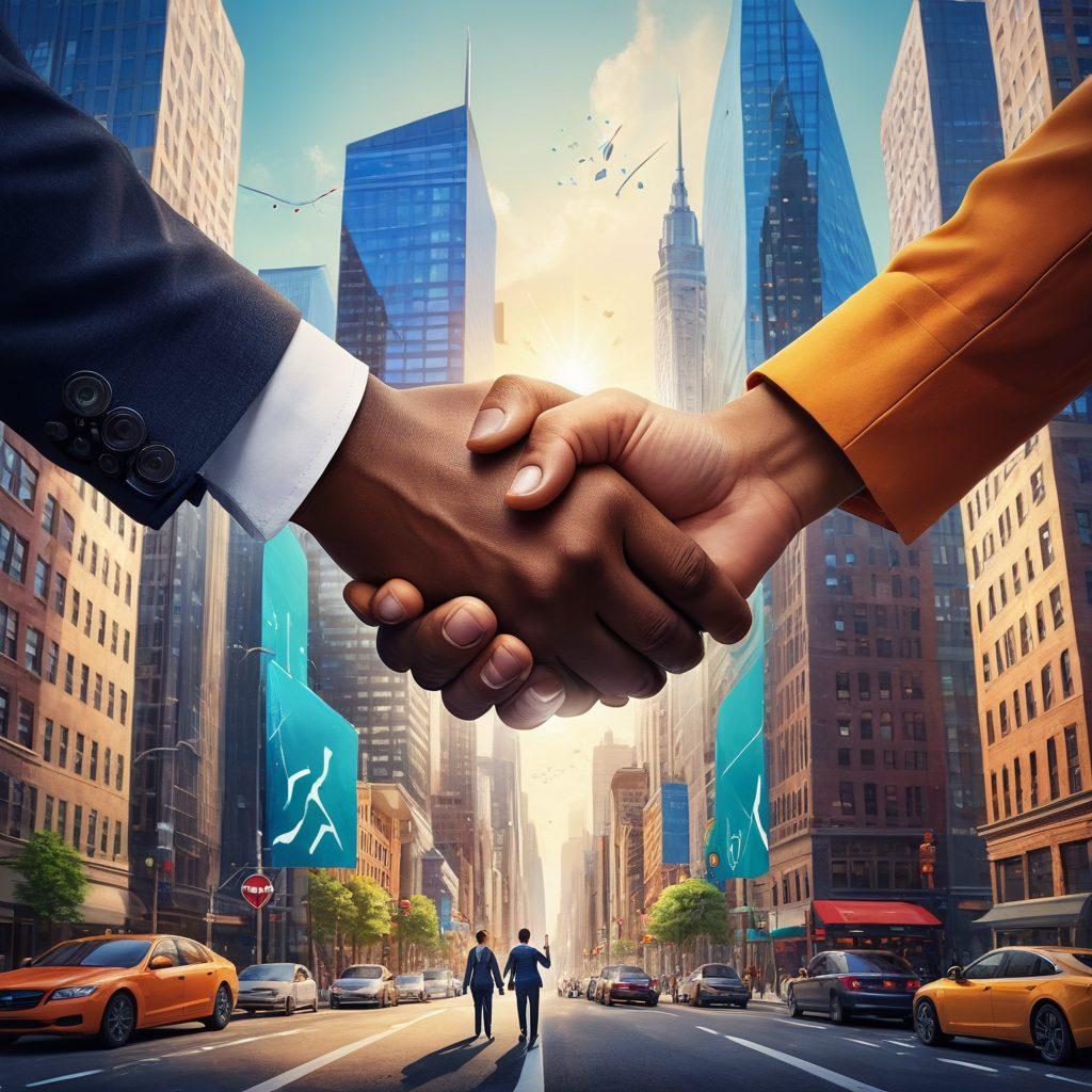 A dynamic scene depicting two diverse entrepreneurs shaking hands in front of a thriving small business, with a vibrant cityscape in the background. Incorporate elements of collaboration, such as gears representing partnership, and upward arrows symbolizing growth. Infuse the atmosphere with energy and optimism, using bright colors to convey success. super-realistic. vibrant colors. 3D.