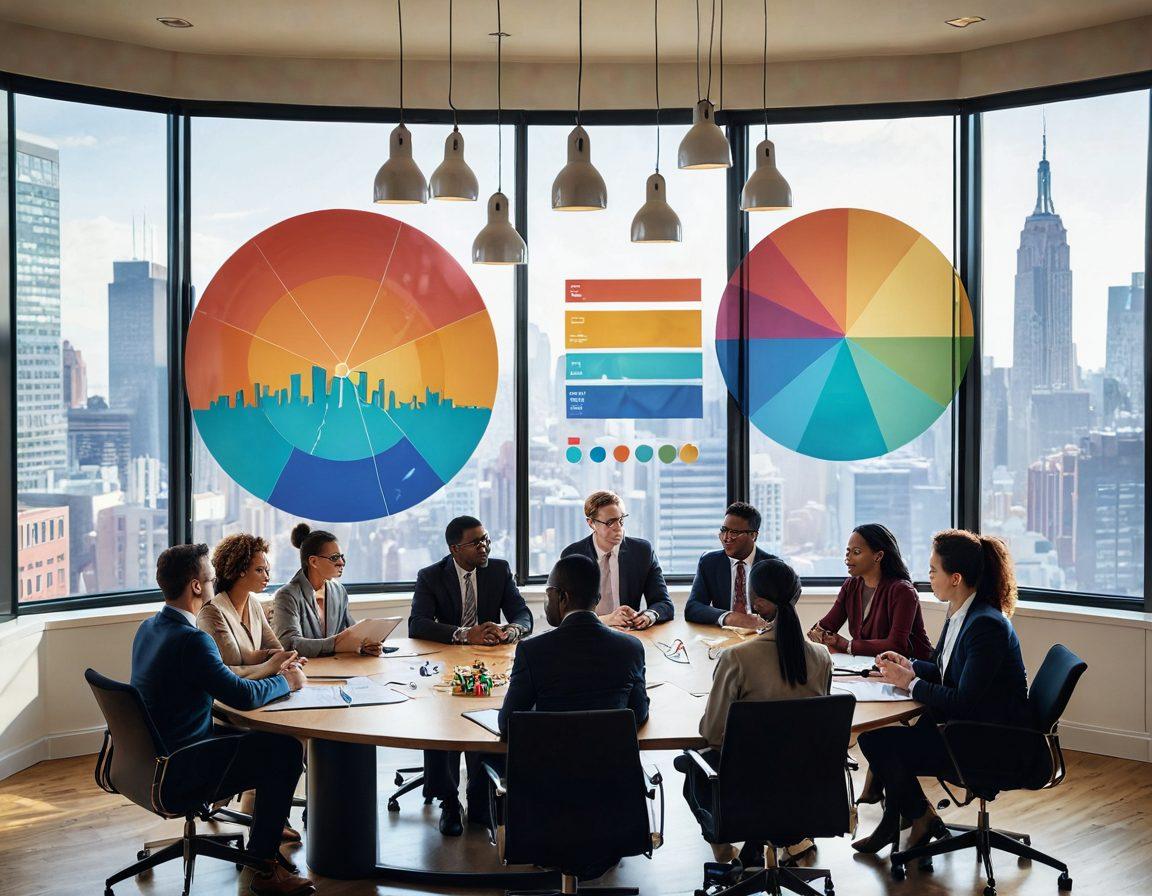 A diverse group of entrepreneurs brainstorming at a large round table, surrounded by charts and graphs reflecting growth trends, light bulbs symbolizing ideas floating above their heads, and hands intertwining to represent partnership. The background features a modern office space with windows showcasing a vibrant city skyline. A warm, inviting atmosphere emphasizes collaboration and innovation. super-realistic. vibrant colors. modern style.