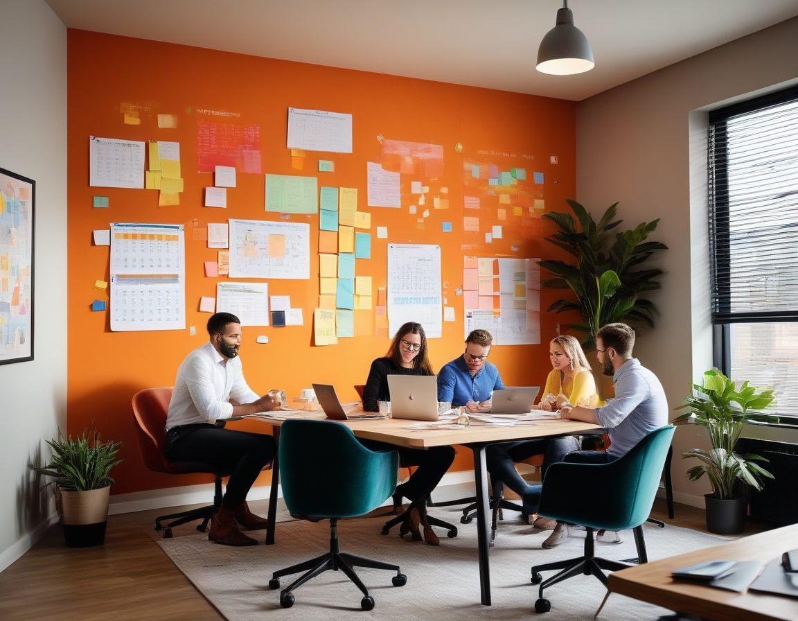 A modern small business office scene with a diverse group of entrepreneurs in a brainstorming session, surrounded by financial charts and notebooks, showcasing a blend of startup energy and investment strategies. Include elements like a laptop displaying graphs, sticky notes on the wall, and a cup of coffee on the table. The atmosphere should be vibrant and motivational, symbolizing growth and collaboration. bright colors. super-realistic.